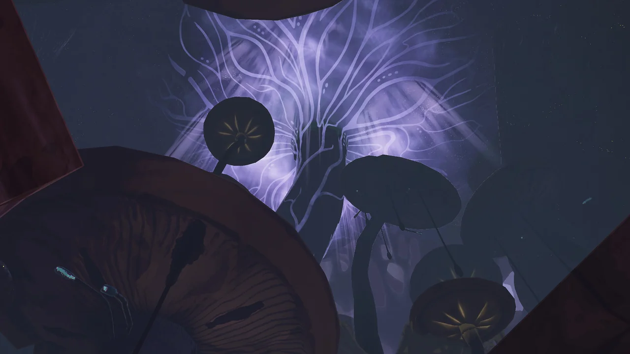 Towering violet trees and overgrown ruins in an official Hallowed Concepts environment screenshot